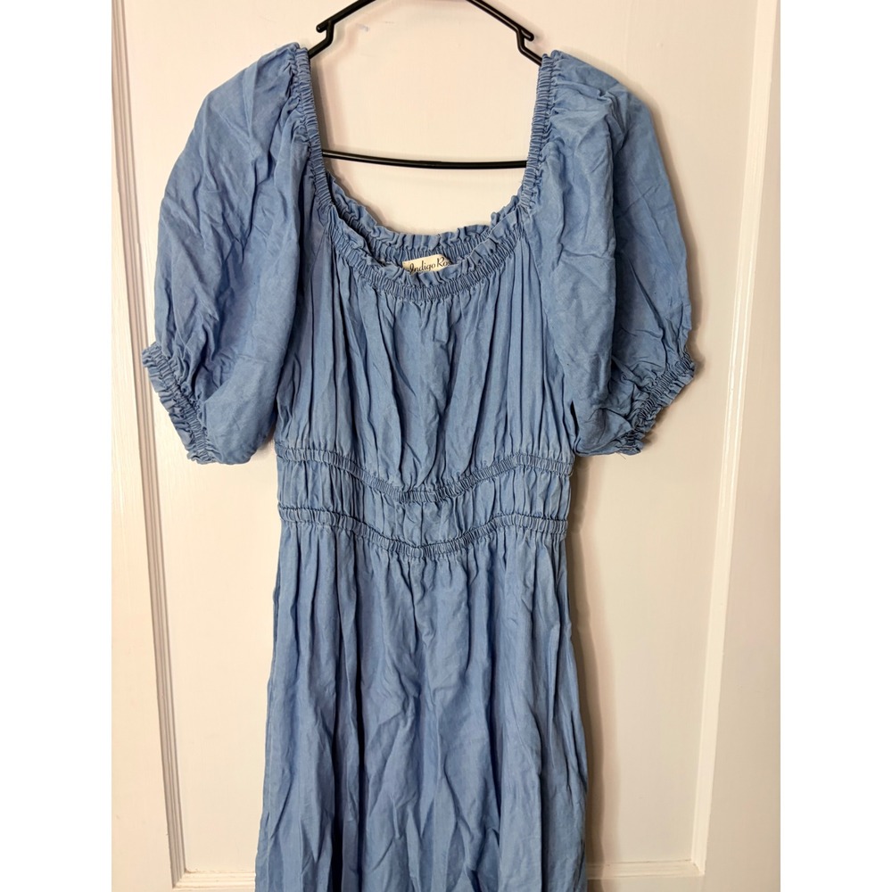 Indigo Rose Blue Tencel Smocked Maxi Dress Puff Sleeve Cottagecore Womens Medium